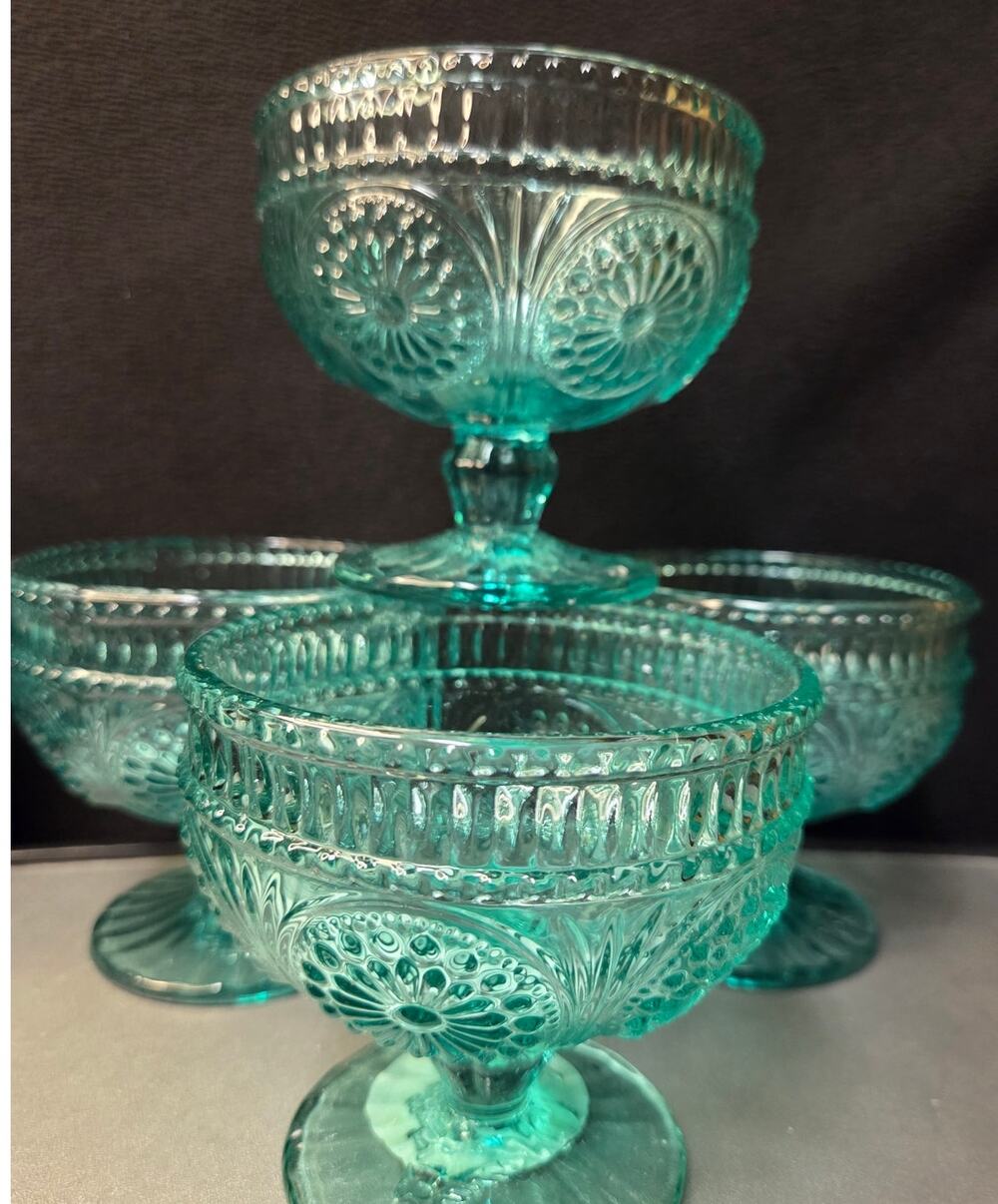 Pioneer Woman Adeline Teal Sundae Cups Set of 4 – 10 oz Vintage-Style Glassware